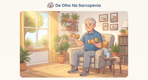 Idoso fazendo exercícios leves com halteres em casa