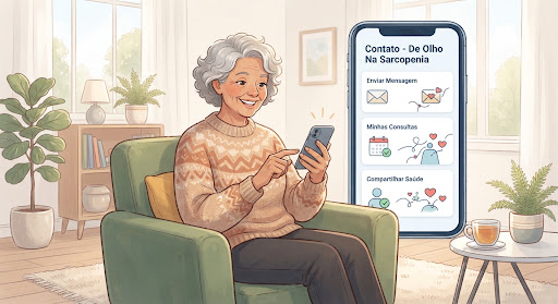 Ilustração de um idoso sorridente usando um smartphone